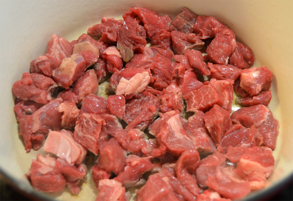 Cubed beef being browned.