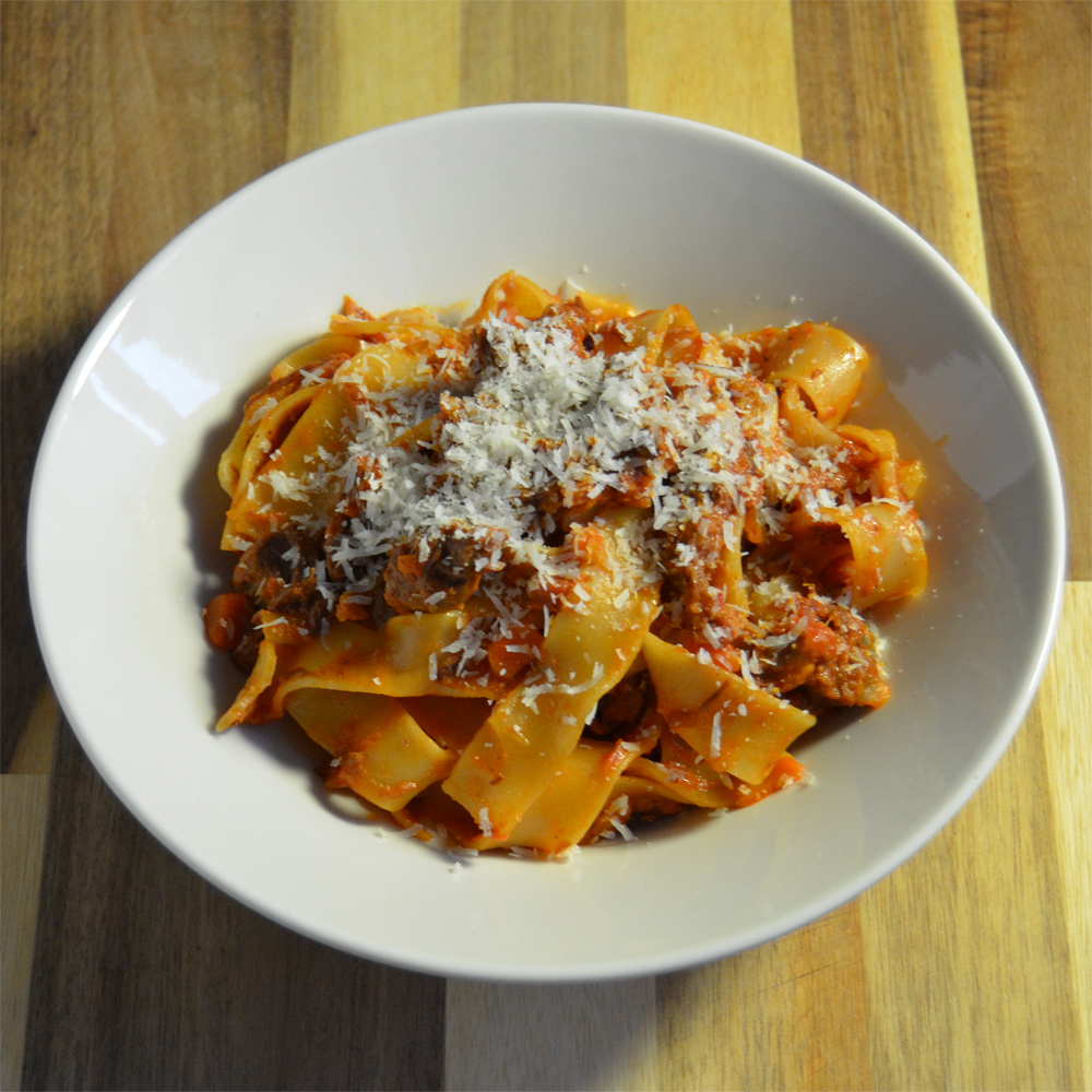 Authentic ragù alla bolognese, served with pappardelle pasta.