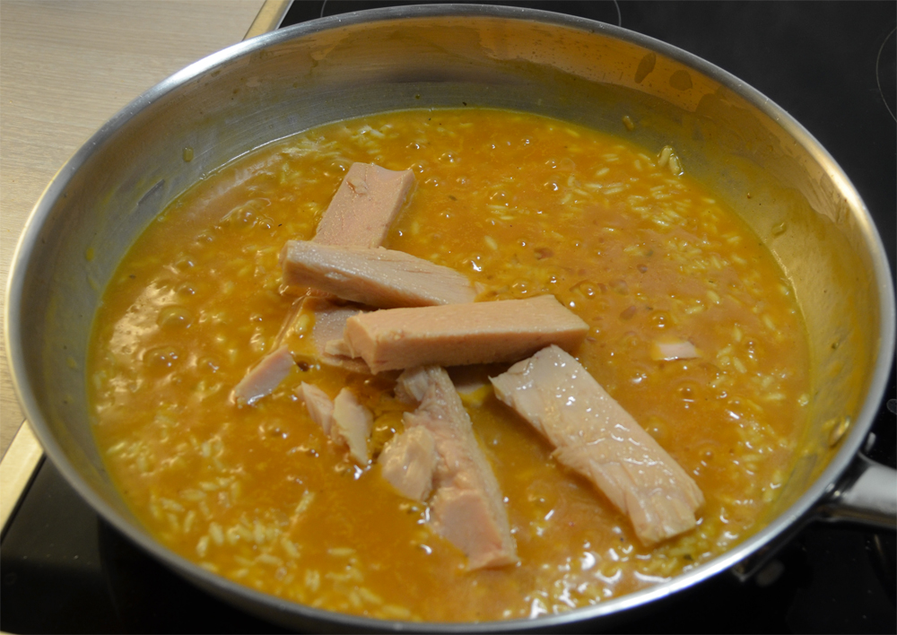 Tuna fillets added to the risotto.